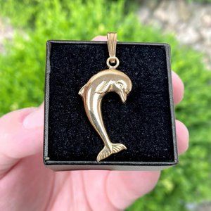 14k Solid Yellow Gold Puffed Dolphin Pendant (1.29 inch) (1.2 grams)